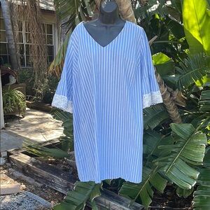 Westport striped cotton dress with bell sleeves and crochet